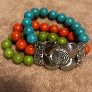 Iris Apfel-Style Stretch Bracelet Tri-color Wooden Beads with Art Nouveau Floral